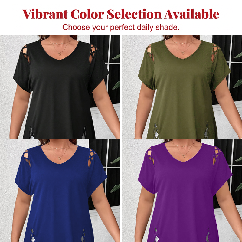 🥳2026 HOT SALE🥳💞50K+ SOLD!💥💕🌿 50% OFF! Women’s Solid Color Tunic – Classic V-neck, unique lattice cutouts. Skin-friendly fabric, great coverage. Black, red, blue & more. Sizes S-2XL. 👚✅