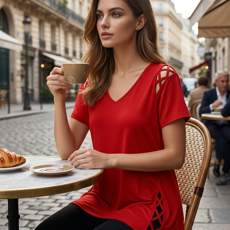 🥳2026 HOT SALE🥳💞50K+ SOLD!💥💕🌿 50% OFF! Women’s Solid Color Tunic – Classic V-neck, unique lattice cutouts. Skin-friendly fabric, great coverage. Black, red, blue & more. Sizes S-2XL. 👚✅