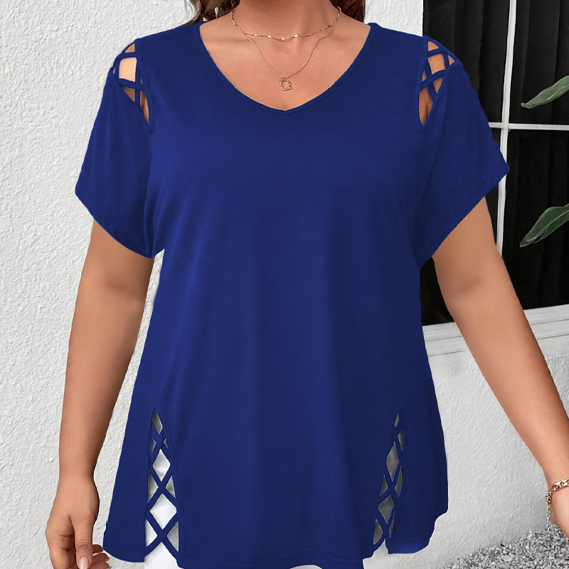 🥳2026 HOT SALE🥳💞50K+ SOLD!💥💕🌿 50% OFF! Women’s Solid Color Tunic – Classic V-neck, unique lattice cutouts. Skin-friendly fabric, great coverage. Black, red, blue & more. Sizes S-2XL. 👚✅