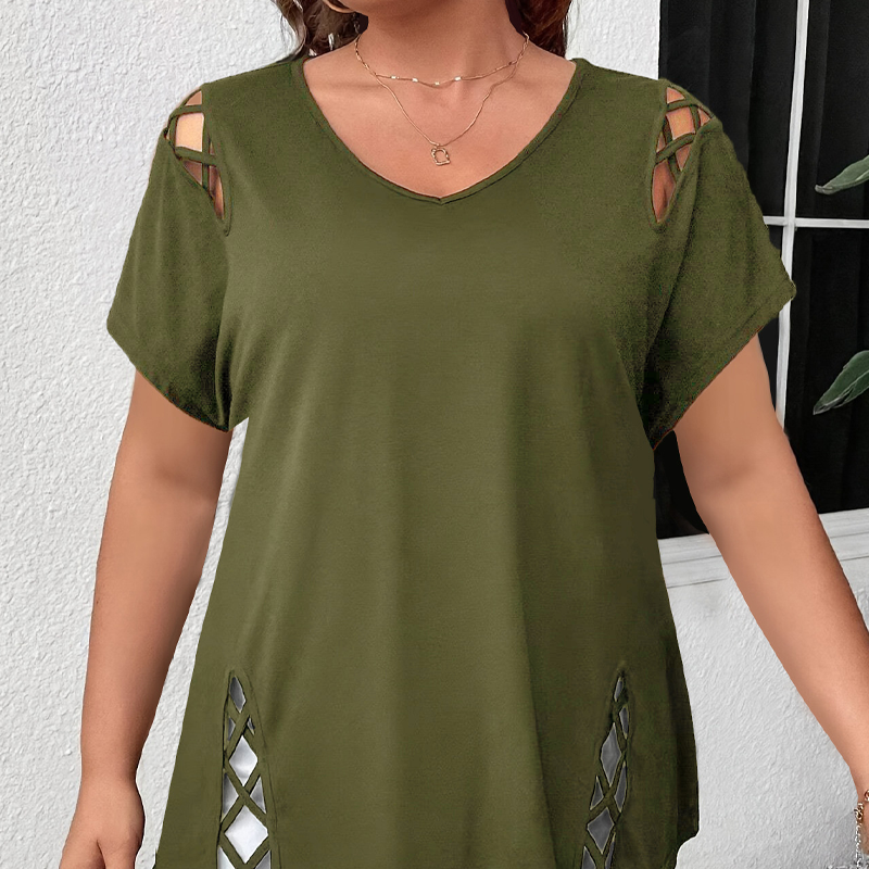 🥳2026 HOT SALE🥳💞50K+ SOLD!💥💕🌿 50% OFF! Women’s Solid Color Tunic – Classic V-neck, unique lattice cutouts. Skin-friendly fabric, great coverage. Black, red, blue & more. Sizes S-2XL. 👚✅