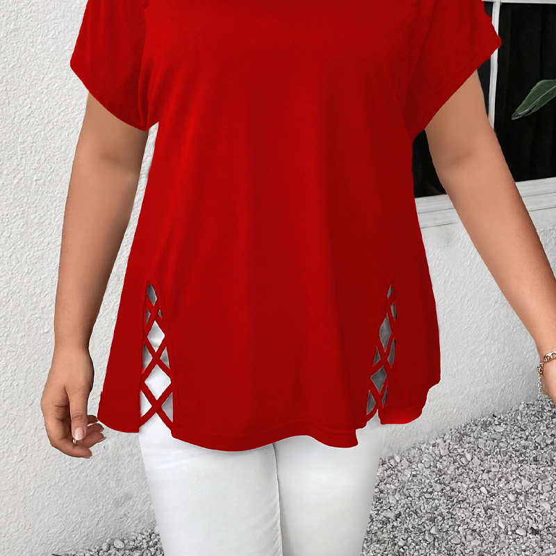 🥳2026 HOT SALE🥳💞50K+ SOLD!💥💕🌿 50% OFF! Women’s Solid Color Tunic – Classic V-neck, unique lattice cutouts. Skin-friendly fabric, great coverage. Black, red, blue & more. Sizes S-2XL. 👚✅