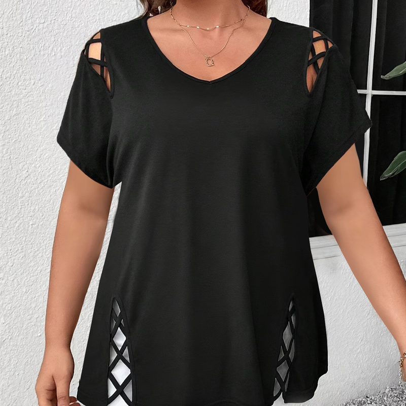 🥳2026 HOT SALE🥳💞50K+ SOLD!💥💕🌿 50% OFF! Women’s Solid Color Tunic – Classic V-neck, unique lattice cutouts. Skin-friendly fabric, great coverage. Black, red, blue & more. Sizes S-2XL. 👚✅