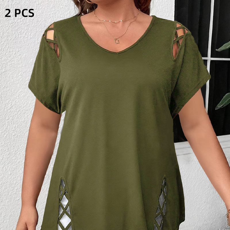 🥳2026 HOT SALE🥳💞50K+ SOLD!💥💕🌿 50% OFF! Women’s Solid Color Tunic – Classic V-neck, unique lattice cutouts. Skin-friendly fabric, great coverage. Black, red, blue & more. Sizes S-2XL. 👚✅