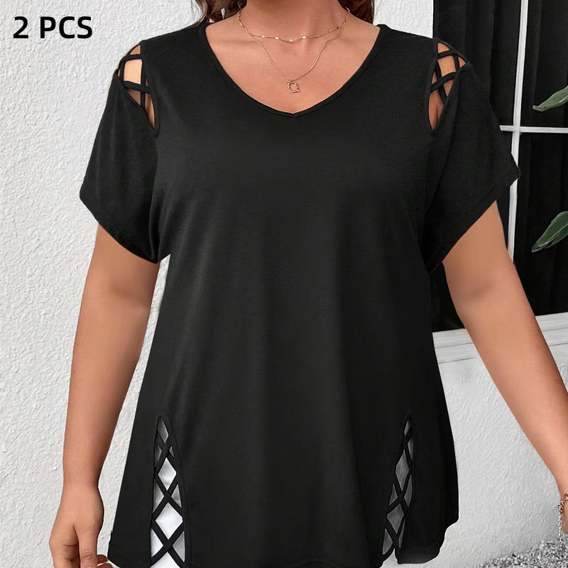 🥳2026 HOT SALE🥳💞50K+ SOLD!💥💕🌿 50% OFF! Women’s Solid Color Tunic – Classic V-neck, unique lattice cutouts. Skin-friendly fabric, great coverage. Black, red, blue & more. Sizes S-2XL. 👚✅