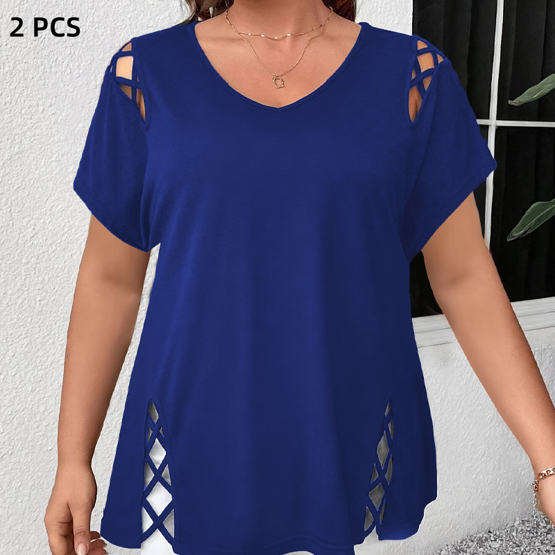 🥳2026 HOT SALE🥳💞50K+ SOLD!💥💕🌿 50% OFF! Women’s Solid Color Tunic – Classic V-neck, unique lattice cutouts. Skin-friendly fabric, great coverage. Black, red, blue & more. Sizes S-2XL. 👚✅