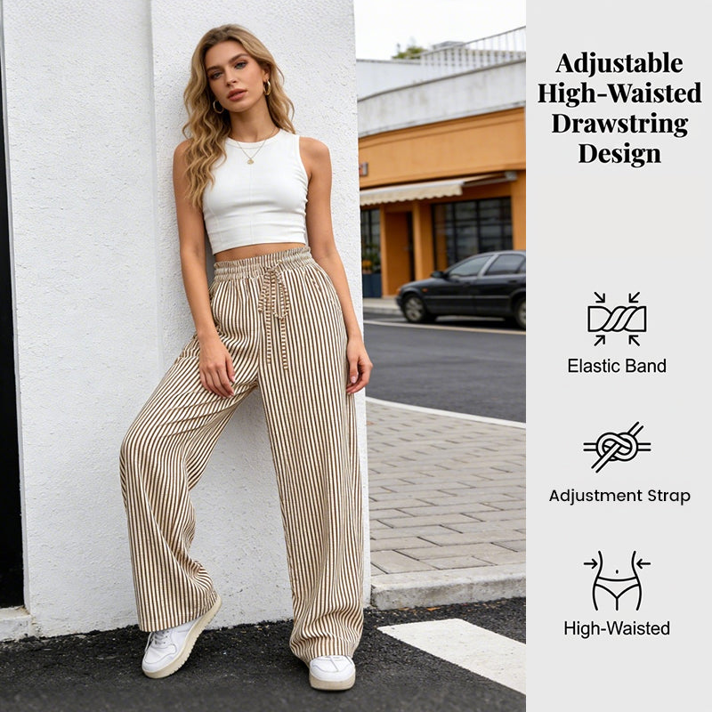 🥳2026 HOT SALE🥳💞50K+ SOLD!💥🎀💫 50% OFF! Striped Wide-Leg Pants – Elastic drawstring waist, no binding. Vertical stripes create slimming effect. Lightweight fabric, all-day comfort. A wardrobe essential. 🛡️🕊️