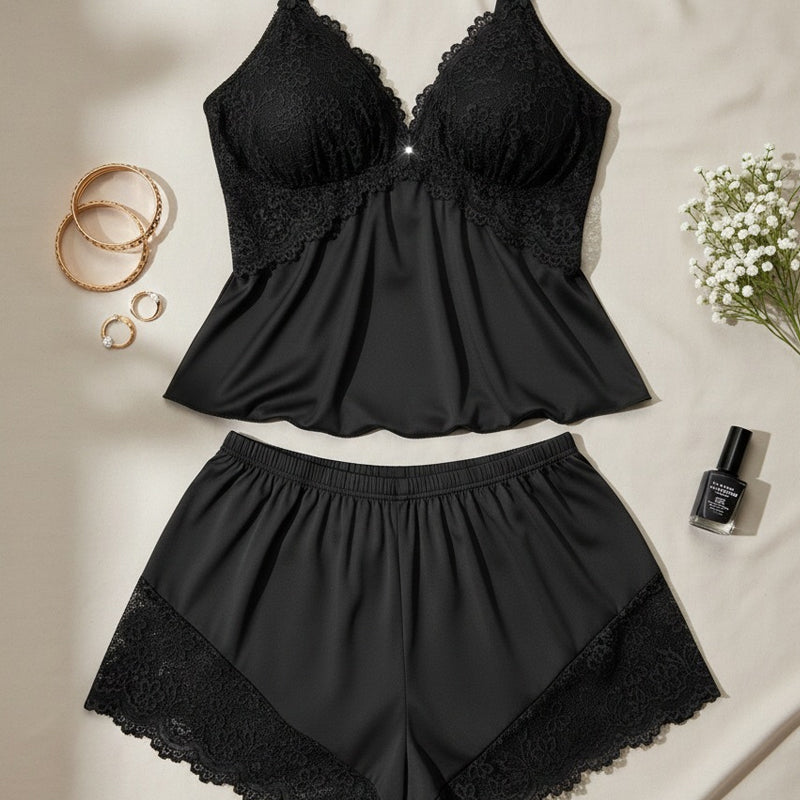 🥳2026 HOT SALE🥳💞50K+ SOLD!👗🌸 50% OFF! Lace Trim Camisole & Shorts Pajama Set – Soft satin-like fabric, adjustable straps & V-neck. Elastic waist shorts for easy on/off. Perfect for a relaxing night. 🛏️✨