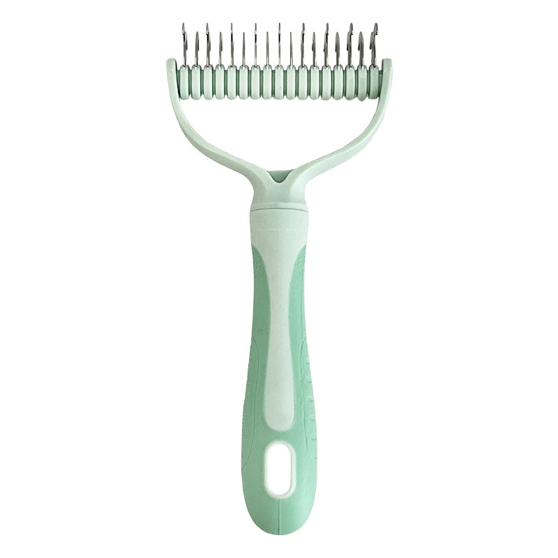 🥳2026 HOT SALE🥳💞50K+ SOLD!🐕💨50% OFF! Dual-Sided Pet Grooming Rake – 9-tooth for mats, 17-tooth for shedding. Skin-safe rounded teeth, ergonomic grip. Less mess, more cuddles. ✨🧡
