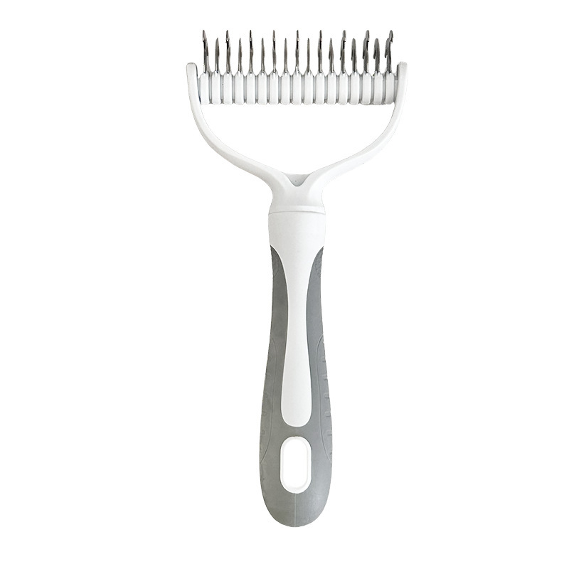 🥳2026 HOT SALE🥳💞50K+ SOLD!🐕💨50% OFF! Dual-Sided Pet Grooming Rake – 9-tooth for mats, 17-tooth for shedding. Skin-safe rounded teeth, ergonomic grip. Less mess, more cuddles. ✨🧡