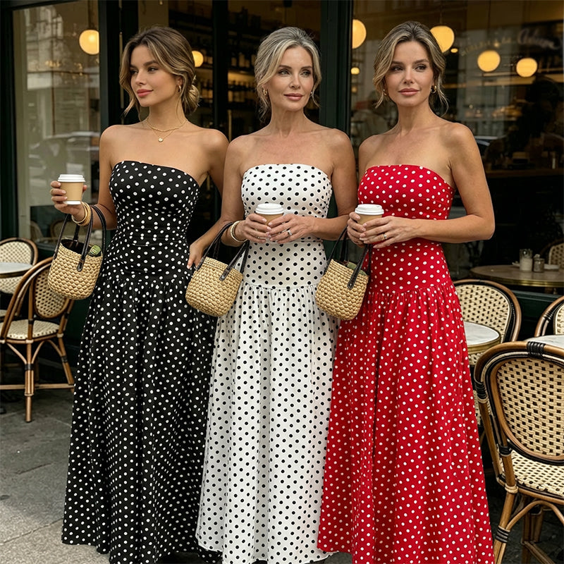 🥳2026 HOT SALE🥳💞50K+ SOLD!👗🌹 50% OFF! Polka Dot Strapless Dress – Secure fit, breathable fabric. Timeless vacation elegance. ✨🌸