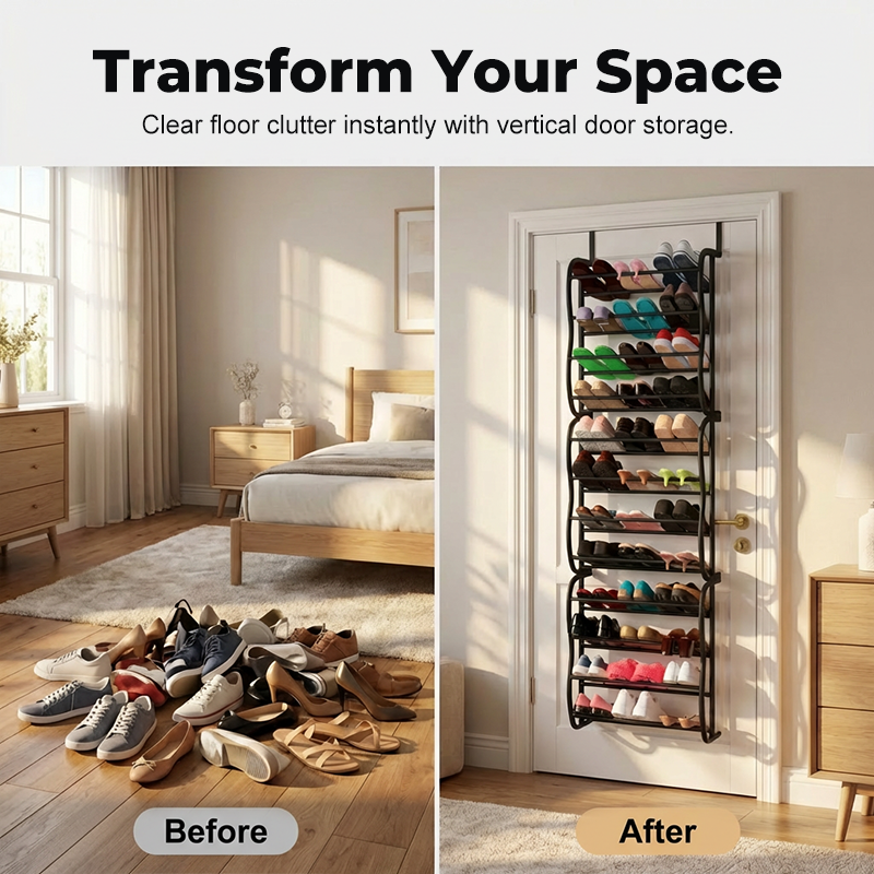 🥳2026 HOT SALE🥳💞50K+ SOLD!🚪👟 50% OFF! Over‑the‑Door Shoe Rack – 24 pockets, holds 24 pairs. Tool‑free install, no drilling. Maximise storage instantly! 🏠✨