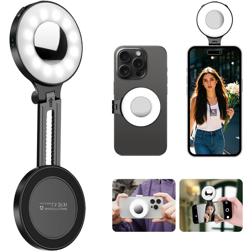 🥳2026 HOT SALE🥳💞50K+ SOLD! 💄🔋Magnetic Phone Light with Mirror – 2500-8500K adjustable glow, 180° arm. Perfect makeup touch-ups & hands-free video. Pocket-sized, magnetic, Type-C! 📱✅