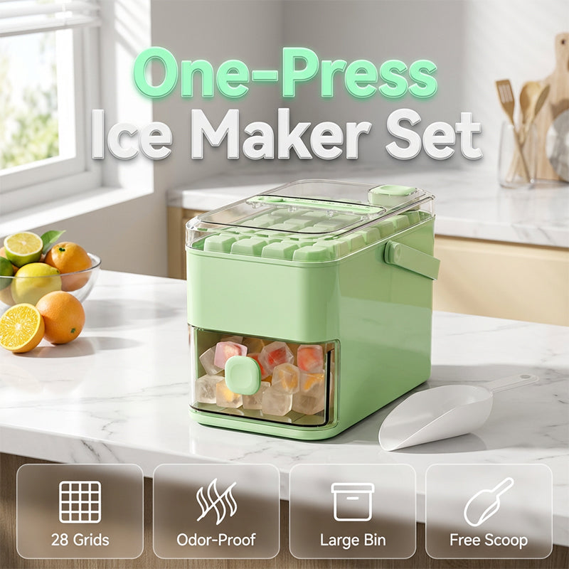 🥳2026 HOT SALE🥳💞50K+ SOLD!❄️🔒 50% OFF! Press‑Type Ice Tray with Storage – Airtight lid blocks fridge odours, keeps ice pure & fresh. Large bin, includes scoop. A kitchen must! 🧊💪