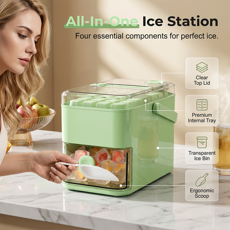 🥳2026 HOT SALE🥳💞50K+ SOLD!❄️🔒 50% OFF! Press‑Type Ice Tray with Storage – Airtight lid blocks fridge odours, keeps ice pure & fresh. Large bin, includes scoop. A kitchen must! 🧊💪