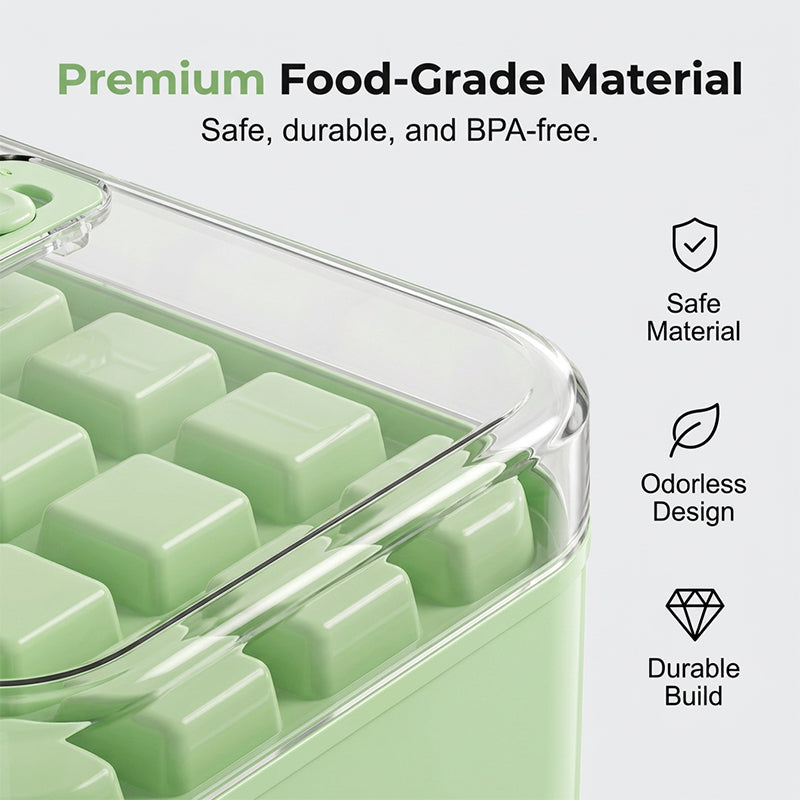 🥳2026 HOT SALE🥳💞50K+ SOLD!❄️🔒 50% OFF! Press‑Type Ice Tray with Storage – Airtight lid blocks fridge odours, keeps ice pure & fresh. Large bin, includes scoop. A kitchen must! 🧊💪