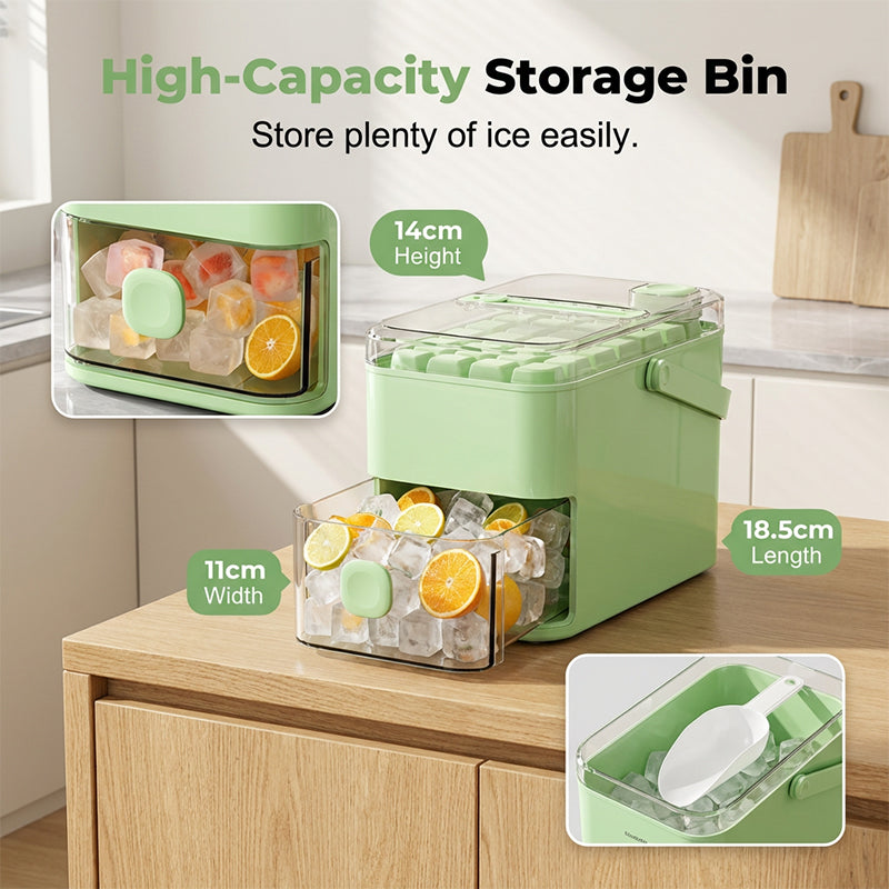 🥳2026 HOT SALE🥳💞50K+ SOLD!❄️🔒 50% OFF! Press‑Type Ice Tray with Storage – Airtight lid blocks fridge odours, keeps ice pure & fresh. Large bin, includes scoop. A kitchen must! 🧊💪