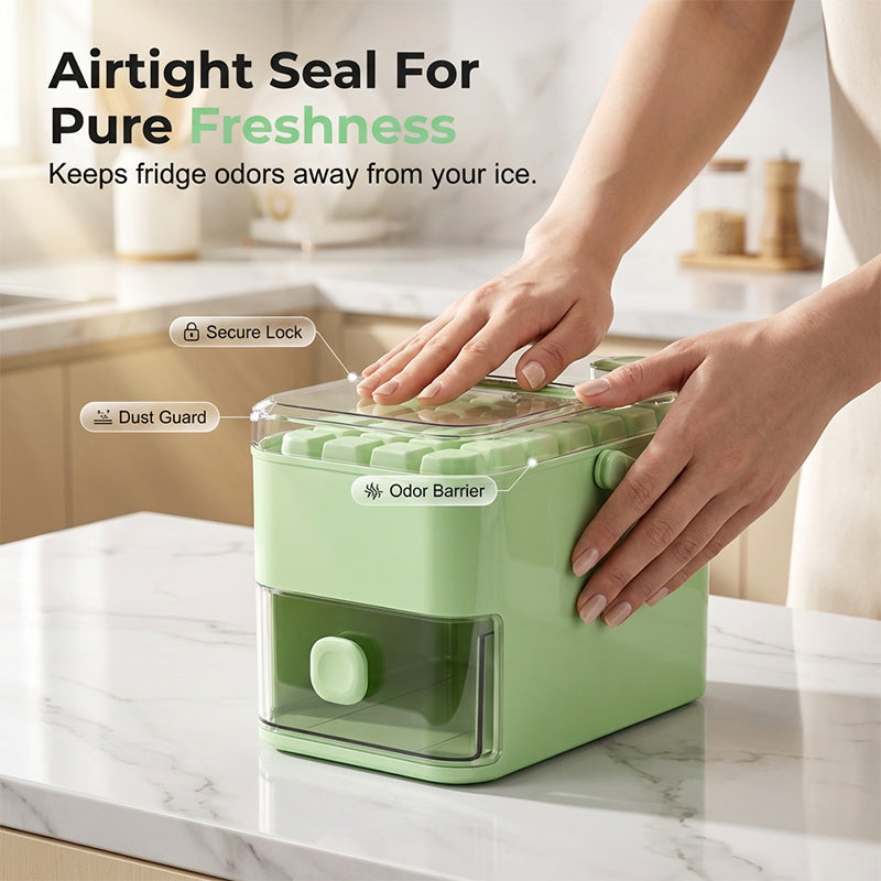 🥳2026 HOT SALE🥳💞50K+ SOLD!❄️🔒 50% OFF! Press‑Type Ice Tray with Storage – Airtight lid blocks fridge odours, keeps ice pure & fresh. Large bin, includes scoop. A kitchen must! 🧊💪
