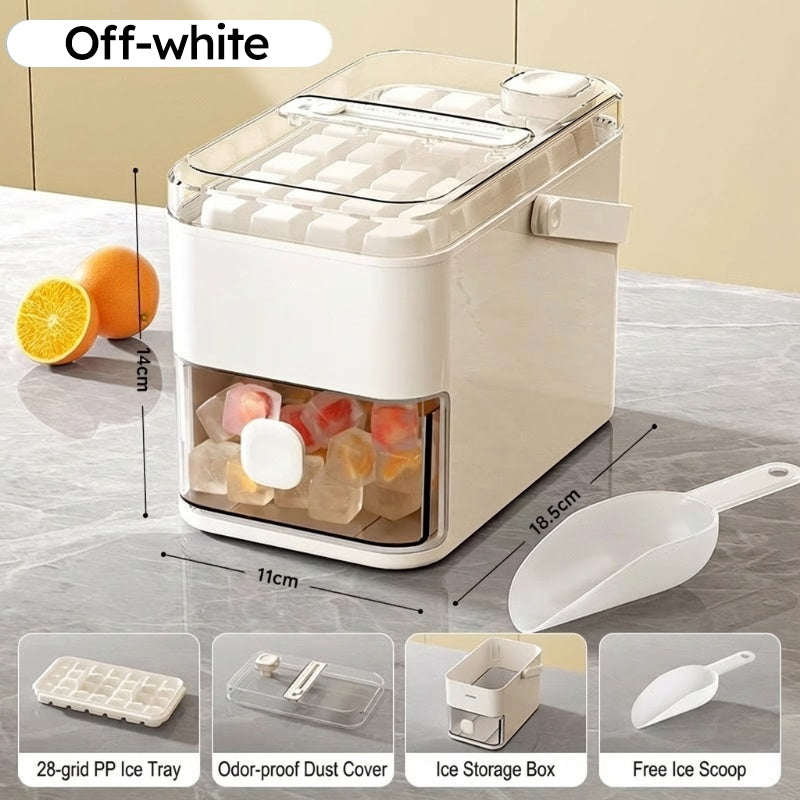 🥳2026 HOT SALE🥳💞50K+ SOLD!❄️🔒 50% OFF! Press‑Type Ice Tray with Storage – Airtight lid blocks fridge odours, keeps ice pure & fresh. Large bin, includes scoop. A kitchen must! 🧊💪