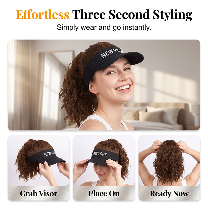 🥳2026 HOT SALE🥳💞50K+ SOLD!👒💨 50% OFF! 2‑in‑1 Visor Hat with Ponytail Wig – Instant wavy hair + sun protection. Open‑top keeps you cool. No more bad hair days! 🌞✨
