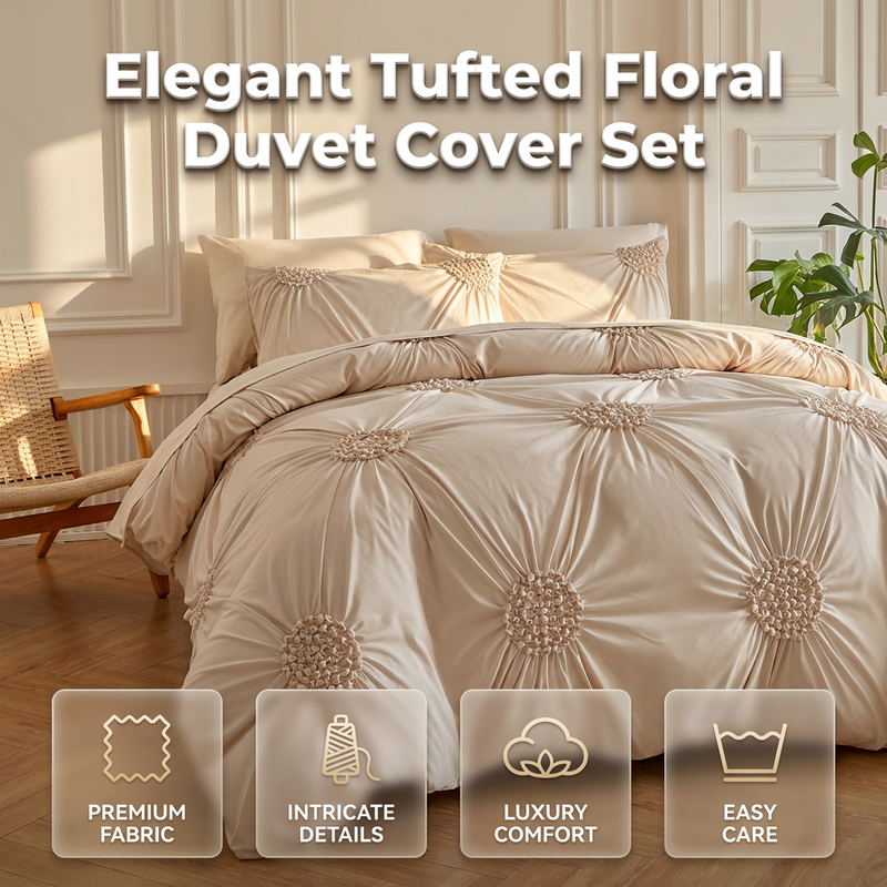 🥳2026 HOT SALE🥳💞50K+ SOLD!💤🌙 50% OFF! Elegant Tufted Floral Pinch Pleat Duvet Cover Set – Premium soft & breathable blend, timeless khaki tone. 35K+ sold – create your dream bedroom today! 🛏️✨
