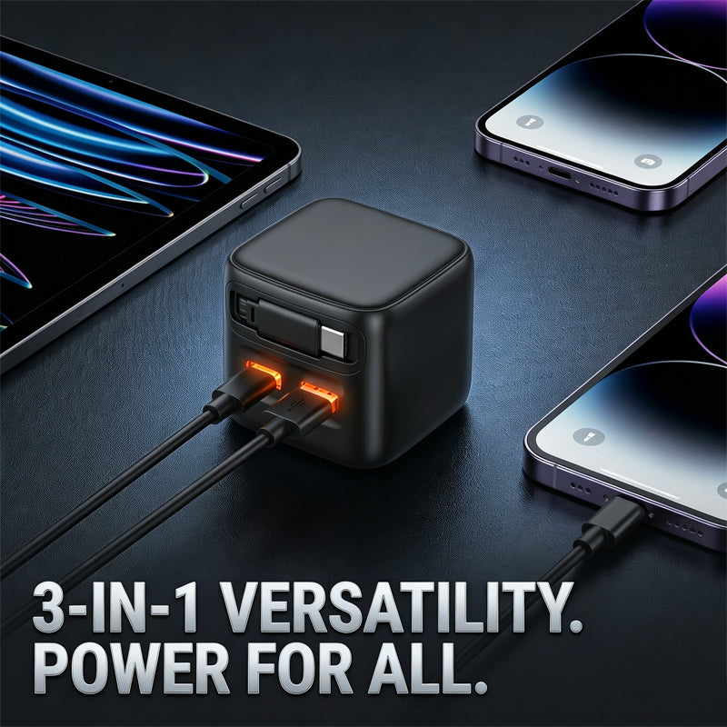 🥳2026 HOT SALE🥳💞50K+ SOLD!🔌🔄 50% OFF! 30W GaN Charger with Retractable Cable – Built‑in 70cm cord, auto retract. 3‑in‑1, ultra‑compact 50mm. No more tangled cables! 🎯✨