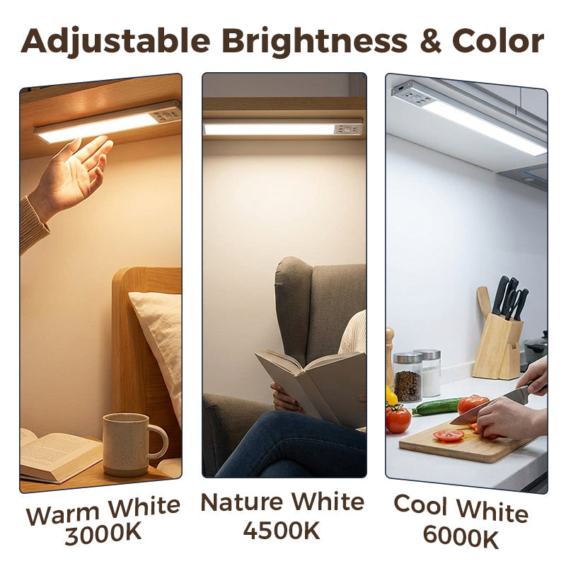 🥳2026 HOT SALE🥳💞50K+ SOLD!💡🛡️ 50% OFF! Motion Sensor Under Cabinet Light – Auto‑on when you walk in, 120° sensing range. 3 colour temps & 5 brightness levels. Magnetic install – no screws! 🔋✨