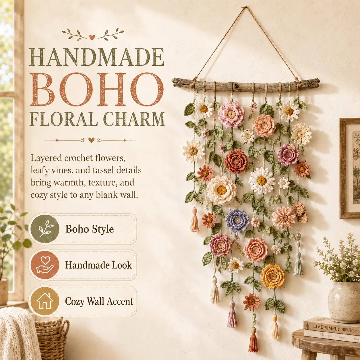 🥳2026 HOT SALE🥳💞50K+ SOLD!🌸🌿 50% OFF! Crochet Flower Wall Hanging Decor – Handmade boho floral design, tassel accents & rustic wooden branch. Adds warmth & charm to any room – instant cosy upgrade! 🏡✨