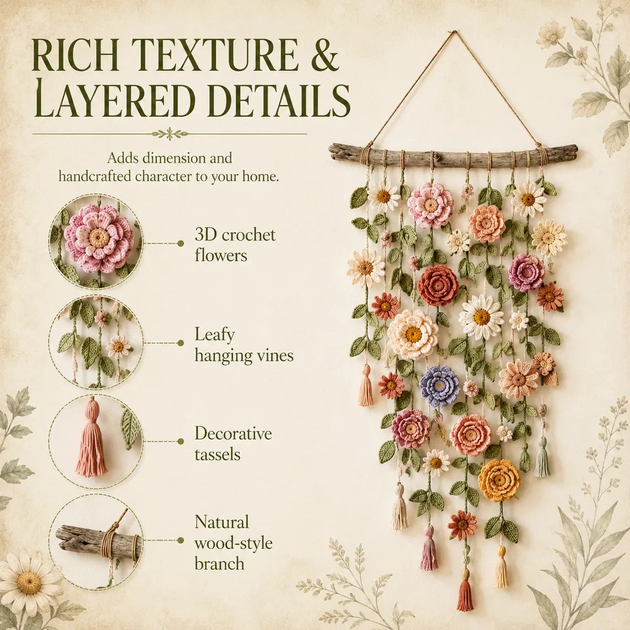 🥳2026 HOT SALE🥳💞50K+ SOLD!🌸🌿 50% OFF! Crochet Flower Wall Hanging Decor – Handmade boho floral design, tassel accents & rustic wooden branch. Adds warmth & charm to any room – instant cosy upgrade! 🏡✨