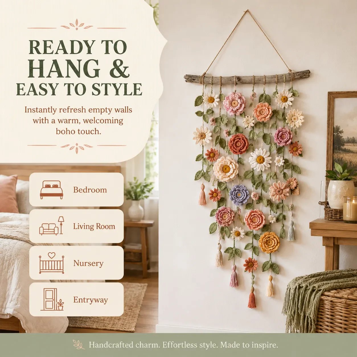 🥳2026 HOT SALE🥳💞50K+ SOLD!🌸🌿 50% OFF! Crochet Flower Wall Hanging Decor – Handmade boho floral design, tassel accents & rustic wooden branch. Adds warmth & charm to any room – instant cosy upgrade! 🏡✨