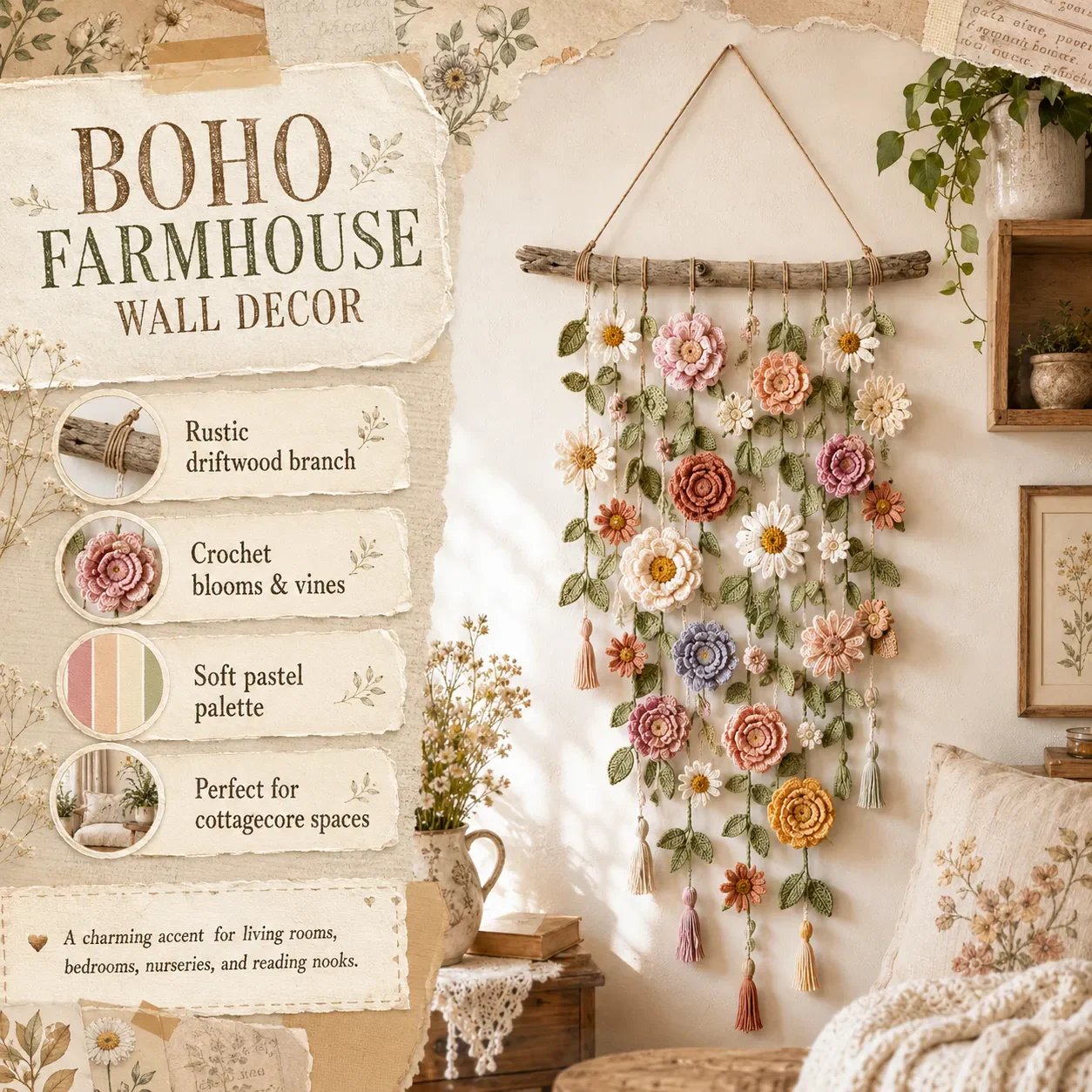 🥳2026 HOT SALE🥳💞50K+ SOLD!🌸🌿 50% OFF! Crochet Flower Wall Hanging Decor – Handmade boho floral design, tassel accents & rustic wooden branch. Adds warmth & charm to any room – instant cosy upgrade! 🏡✨