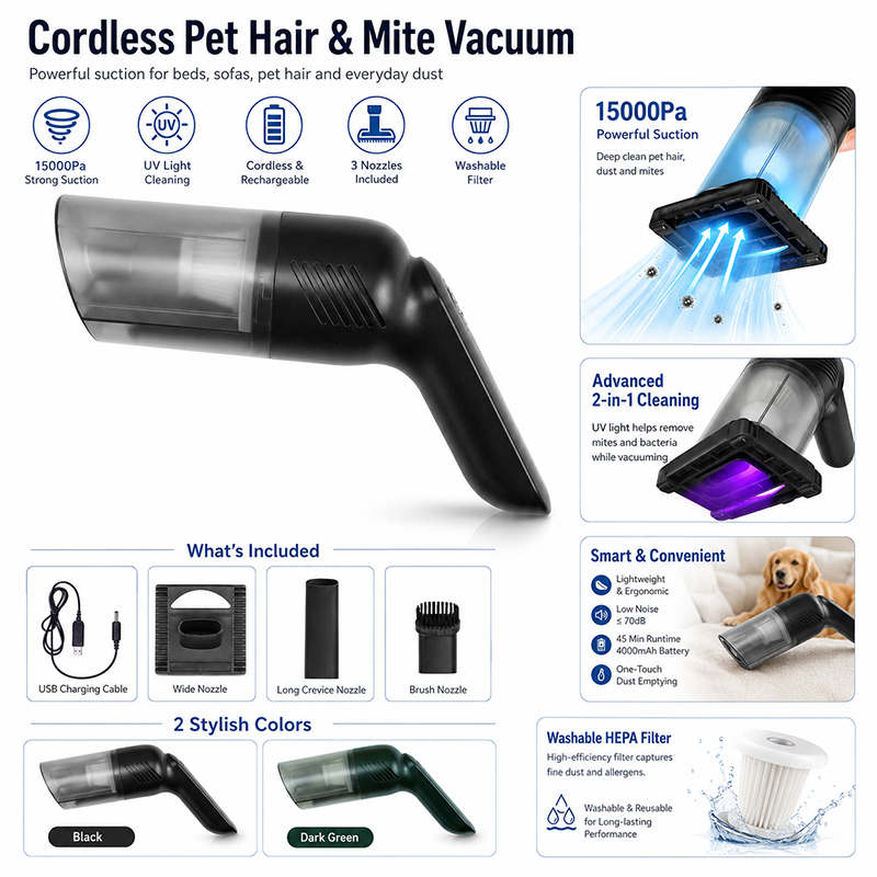 🥳2026 HOT SALE🥳💞50K+ SOLD!🛏️✨ 50% OFF! Handheld Cordless Mattress Vacuum – 15000Pa suction + UV light kills mites & allergens. Deep clean sofas & car seats too – healthier sleep starts here! 🧼💪