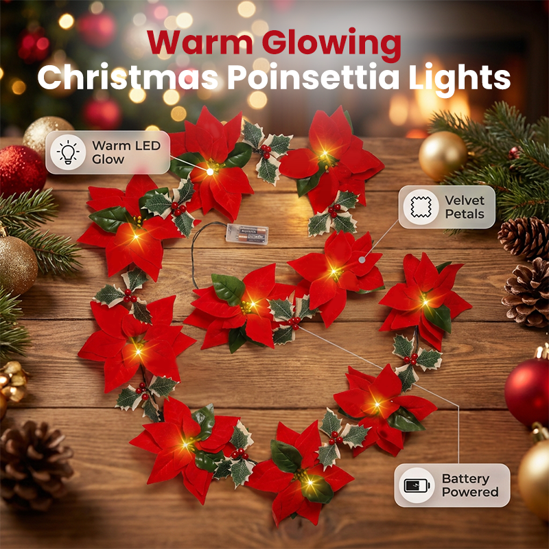 🥳2026 HOT SALE🥳💞50K+ SOLD! 🎄✨ 50% OFF! Light‑Up Poinsettia Christmas Garland – 2m warm LED glow, vivid red blooms & holly leaves. Battery‑powered – no wall socket needed! Perfect for mantels, windows & tables. 🎅🕯️