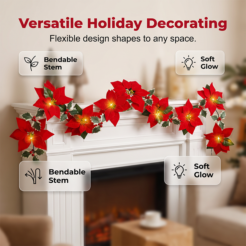 🥳2026 HOT SALE🥳💞50K+ SOLD! 🎄✨ 50% OFF! Light‑Up Poinsettia Christmas Garland – 2m warm LED glow, vivid red blooms & holly leaves. Battery‑powered – no wall socket needed! Perfect for mantels, windows & tables. 🎅🕯️