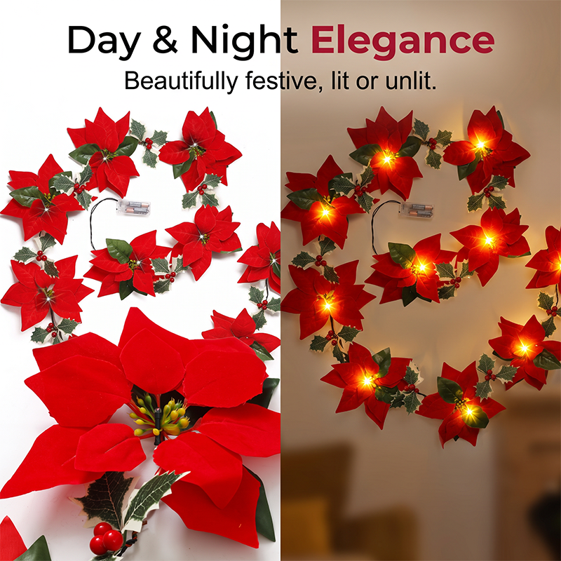 🥳2026 HOT SALE🥳💞50K+ SOLD! 🎄✨ 50% OFF! Light‑Up Poinsettia Christmas Garland – 2m warm LED glow, vivid red blooms & holly leaves. Battery‑powered – no wall socket needed! Perfect for mantels, windows & tables. 🎅🕯️