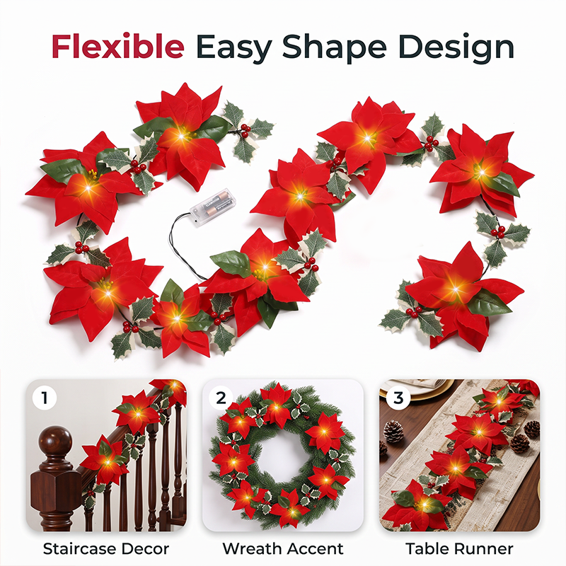 🥳2026 HOT SALE🥳💞50K+ SOLD! 🎄✨ 50% OFF! Light‑Up Poinsettia Christmas Garland – 2m warm LED glow, vivid red blooms & holly leaves. Battery‑powered – no wall socket needed! Perfect for mantels, windows & tables. 🎅🕯️