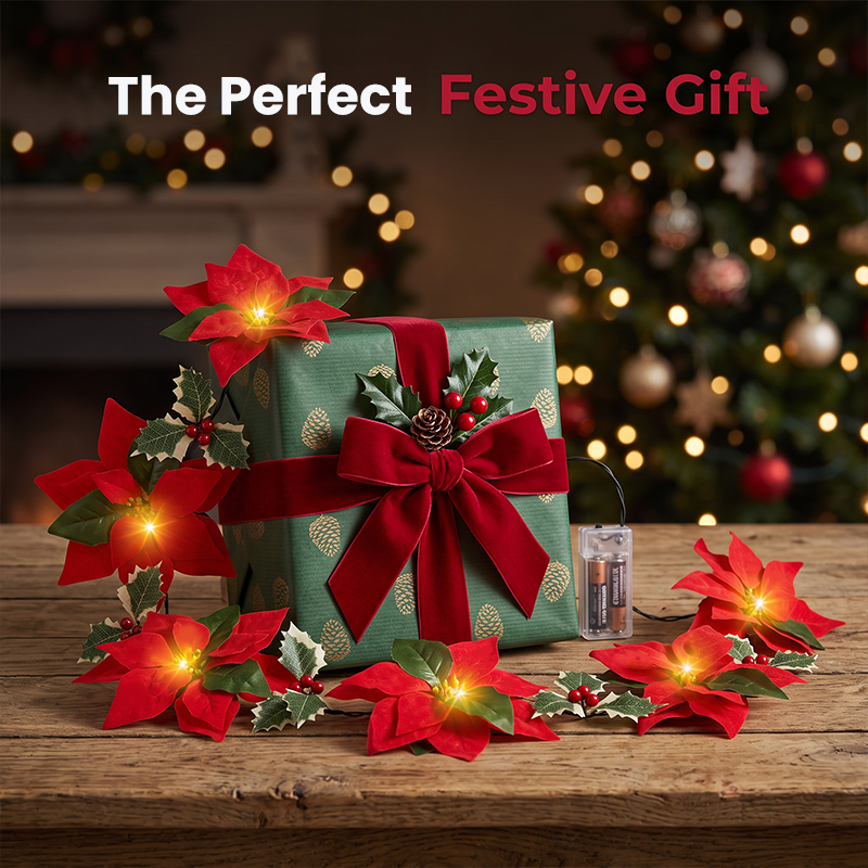 🥳2026 HOT SALE🥳💞50K+ SOLD! 🎄✨ 50% OFF! Light‑Up Poinsettia Christmas Garland – 2m warm LED glow, vivid red blooms & holly leaves. Battery‑powered – no wall socket needed! Perfect for mantels, windows & tables. 🎅🕯️