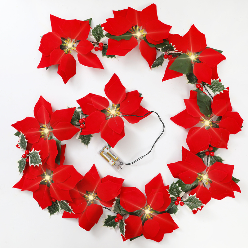 🥳2026 HOT SALE🥳💞50K+ SOLD! 🎄✨ 50% OFF! Light‑Up Poinsettia Christmas Garland – 2m warm LED glow, vivid red blooms & holly leaves. Battery‑powered – no wall socket needed! Perfect for mantels, windows & tables. 🎅🕯️