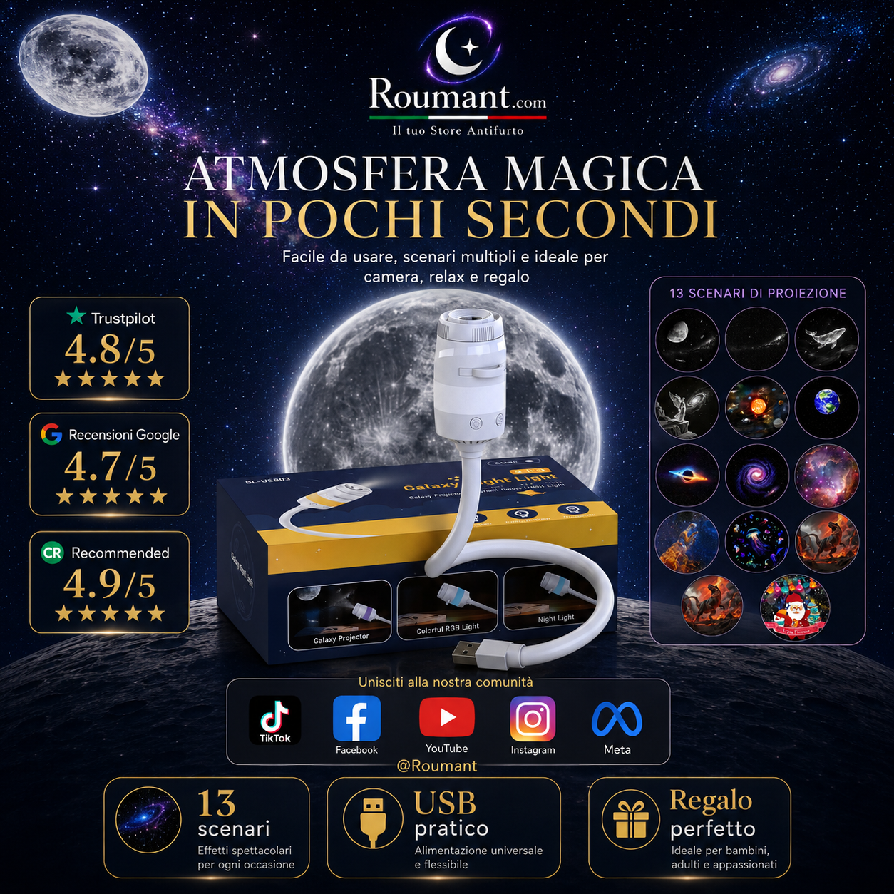 🥳2026 HOT SALE🥳💞50K+ SOLD! 🌌✨ 50% OFF! USB Starry Sky Projector Lamp – 13 interchangeable film discs, flexible gooseneck. Create dreamy galaxy projections – perfect for bedroom relaxation! 🛏️💡
