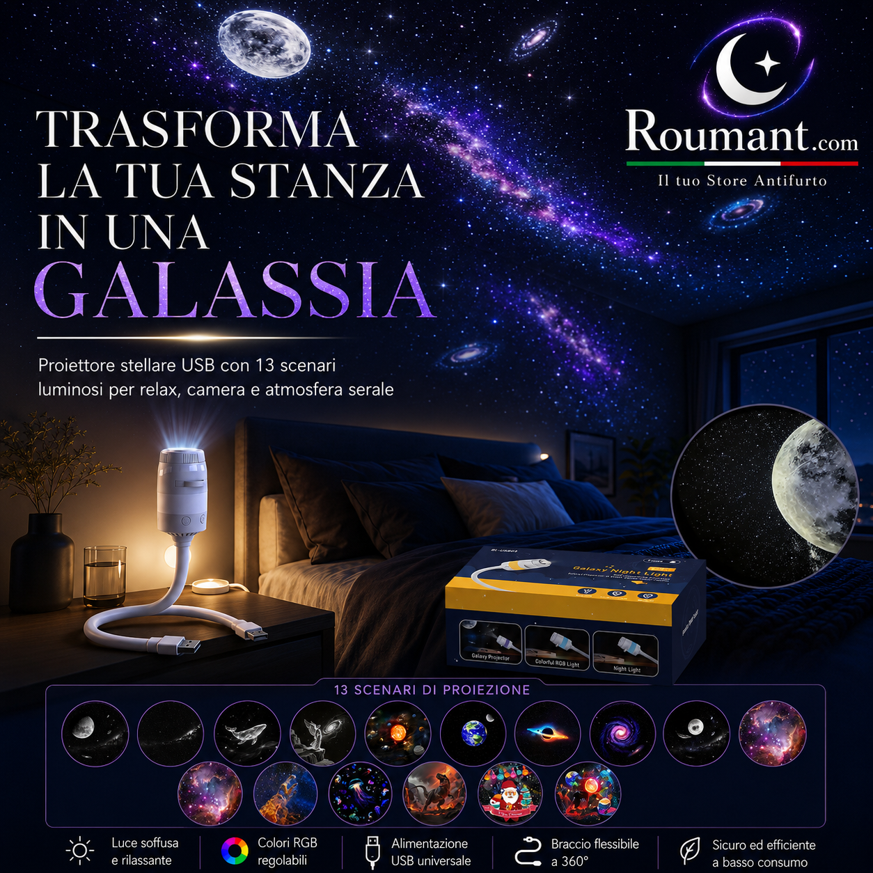 🥳2026 HOT SALE🥳💞50K+ SOLD! 🌌✨ 50% OFF! USB Starry Sky Projector Lamp – 13 interchangeable film discs, flexible gooseneck. Create dreamy galaxy projections – perfect for bedroom relaxation! 🛏️💡