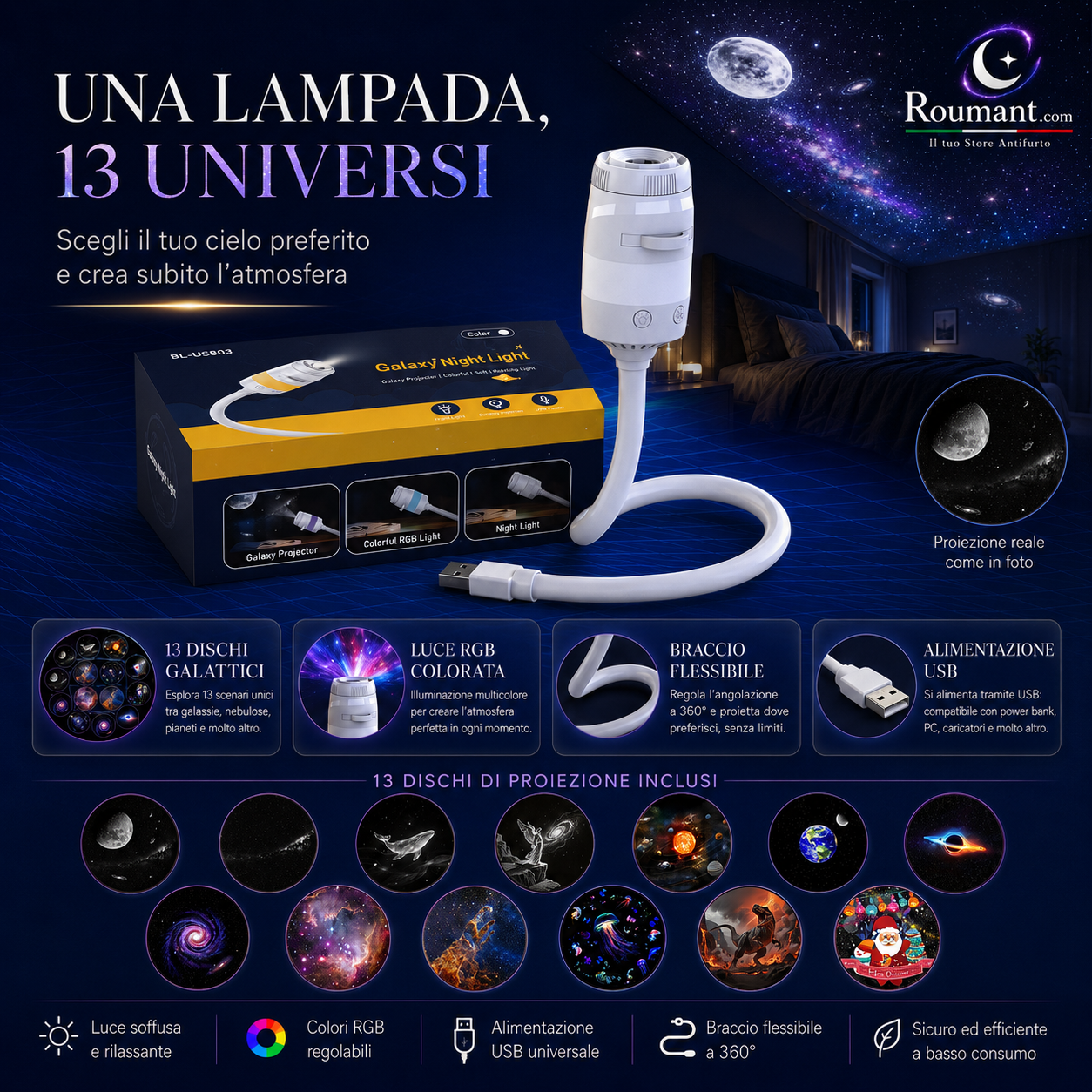 🥳2026 HOT SALE🥳💞50K+ SOLD! 🌌✨ 50% OFF! USB Starry Sky Projector Lamp – 13 interchangeable film discs, flexible gooseneck. Create dreamy galaxy projections – perfect for bedroom relaxation! 🛏️💡