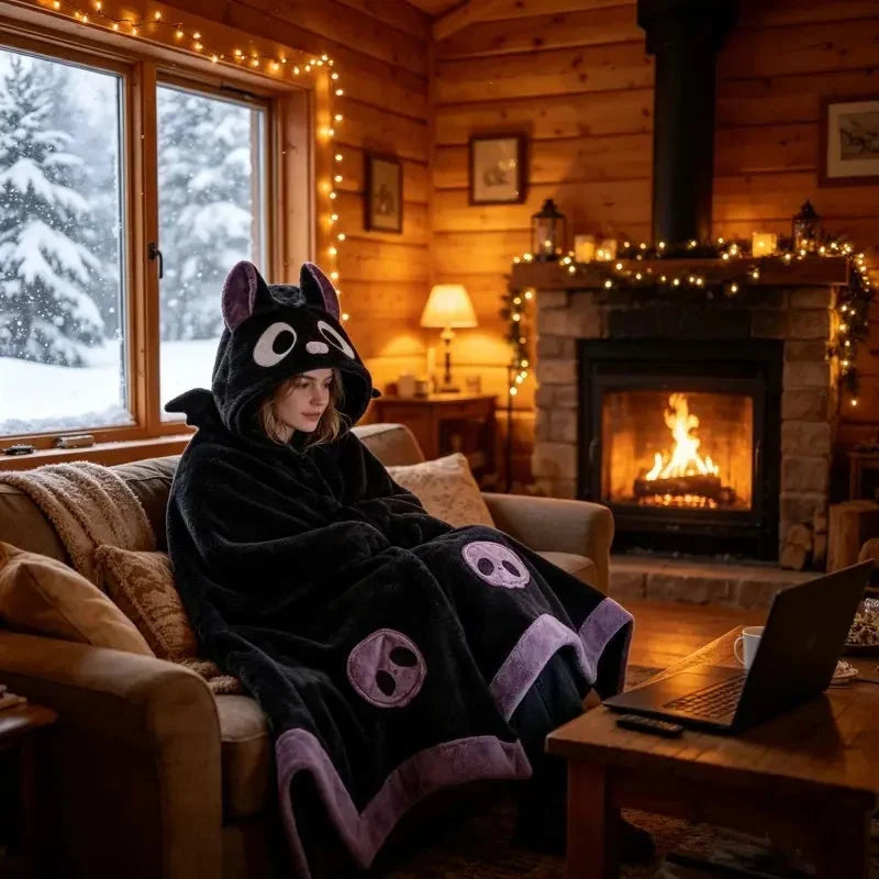 🥳2026 HOT SALE🥳💞50K+ SOLD!🎃🦇 50% OFF! Unisex Wearable Blanket Bat Hooded Cape – Oversized batwing sleeves, thick plush fleece. One size fits all – cozy & cute! 🧣✨