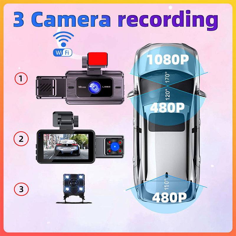 🥳2026 HOT SALE🥳💞50K+ SOLD! 📢📢50% OFF !! ⏰🚗🛡️ 3-Channel Dash Camera – front, rear & interior. Superior night vision captures every detail. WiFi, loop recording & G-sensor. Drive with proof! 📹✅