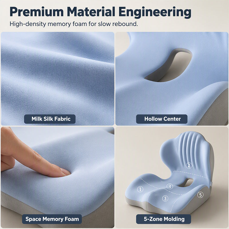 🥳2026 HOT SALE🥳💞50K+ SOLD! 🪑✨ 50% OFF! Ergonomic Memory Foam Seat Cushion – integrated back support relieves lumbar pain. Breathable milk silk for office, car & home comfort! 🛡️✅