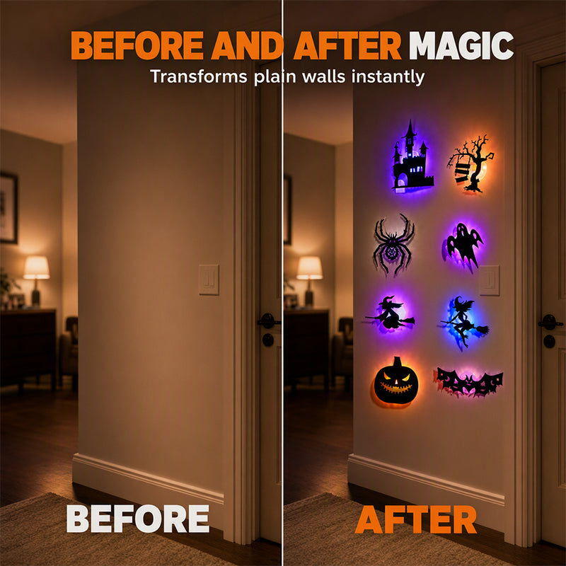 🥳2026 HOT SALE🥳💞50K+ SOLD!🎃👻 50% OFF! Halloween Glow in Dark Wall Stickers – LED glow, peel & stick, 3D silhouette design. Soft ambient light – perfect for doors, windows & party walls! 🌙✨