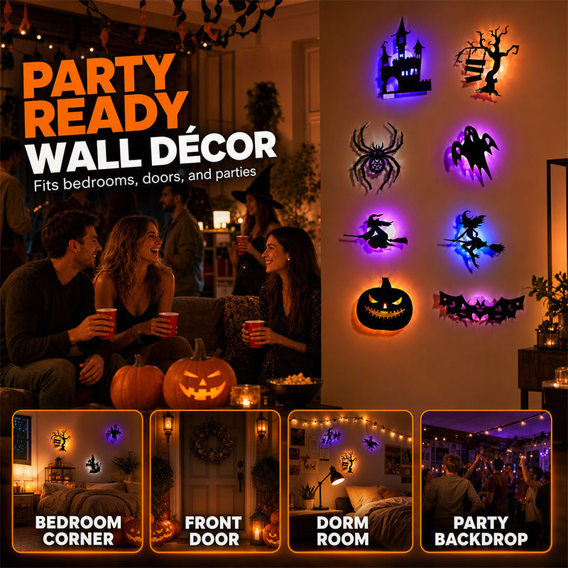 🥳2026 HOT SALE🥳💞50K+ SOLD!🎃👻 50% OFF! Halloween Glow in Dark Wall Stickers – LED glow, peel & stick, 3D silhouette design. Soft ambient light – perfect for doors, windows & party walls! 🌙✨