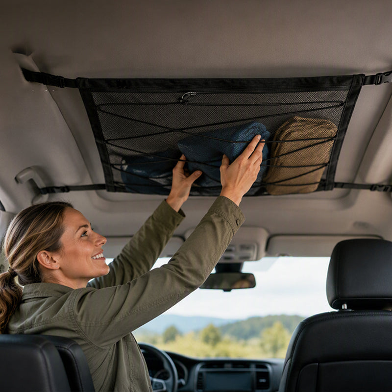 🥳2026 HOT SALE🥳💞50K+ SOLD! 🚗🧳 50% OFF! Car Ceiling Storage Net – Transforms unused roof space into extra storage for pillows & blankets. Dual‑zipper closure, reinforced webbing – keeps gear secure on every trip! 🏠✨