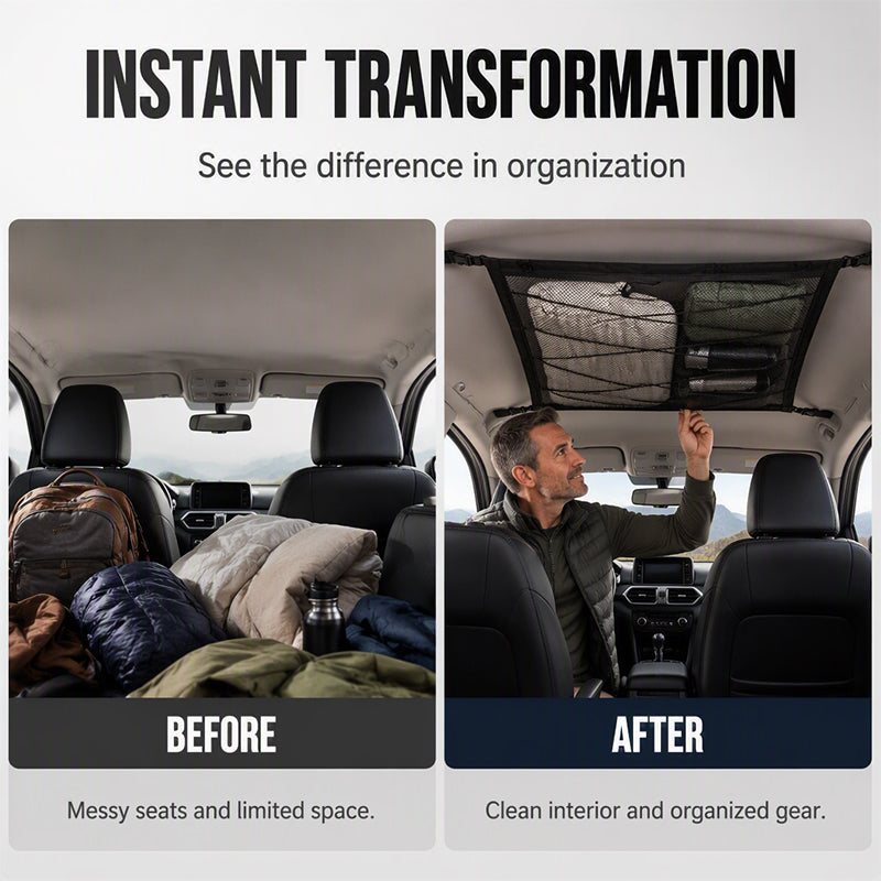 🥳2026 HOT SALE🥳💞50K+ SOLD! 🚗🧳 50% OFF! Car Ceiling Storage Net – Transforms unused roof space into extra storage for pillows & blankets. Dual‑zipper closure, reinforced webbing – keeps gear secure on every trip! 🏠✨