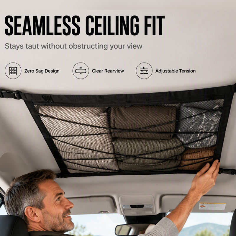 🥳2026 HOT SALE🥳💞50K+ SOLD! 🚗🧳 50% OFF! Car Ceiling Storage Net – Transforms unused roof space into extra storage for pillows & blankets. Dual‑zipper closure, reinforced webbing – keeps gear secure on every trip! 🏠✨