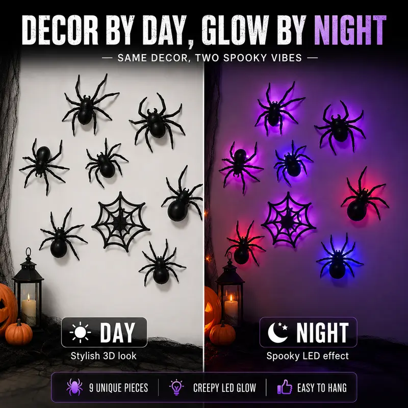 🥳2026 HOT SALE🥳💞50K+ SOLD! 🕷️🎃 50% OFF! Halloween 3D Spider LED Flashing Light Wall Stickers – Lifelike spiders with flexible legs & glowing green LEDs. Transforms any room into a creepy haunted house! 👻💡