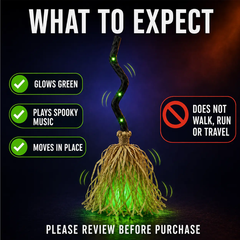 🥳2026 HOT SALE🥳💞50K+ SOLD! 🧹💚 50% OFF! Animated Witch Broom with Lights & Sounds – Walks across your porch, spooky laughter & green LED glow. Battery powered – perfect for Halloween displays! 🎃✨